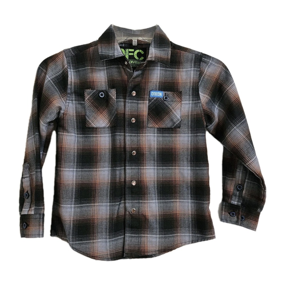 Dixxon Flannel Co Shirt Kids Sm Brown Grey Plaid DFC Youth Division Pearl Snap